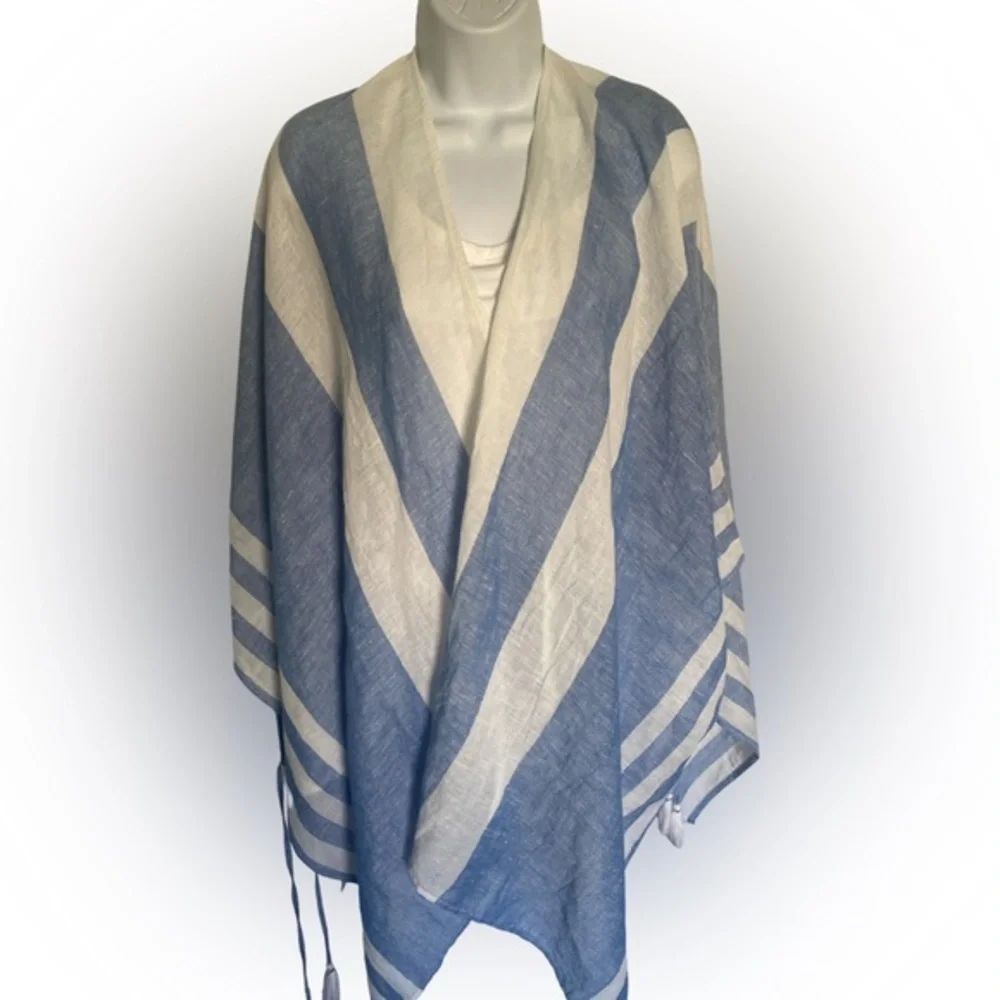 Tommy Bahama Cream Linen Blend Wrap - OSFM white blue. Striped , linen cotton